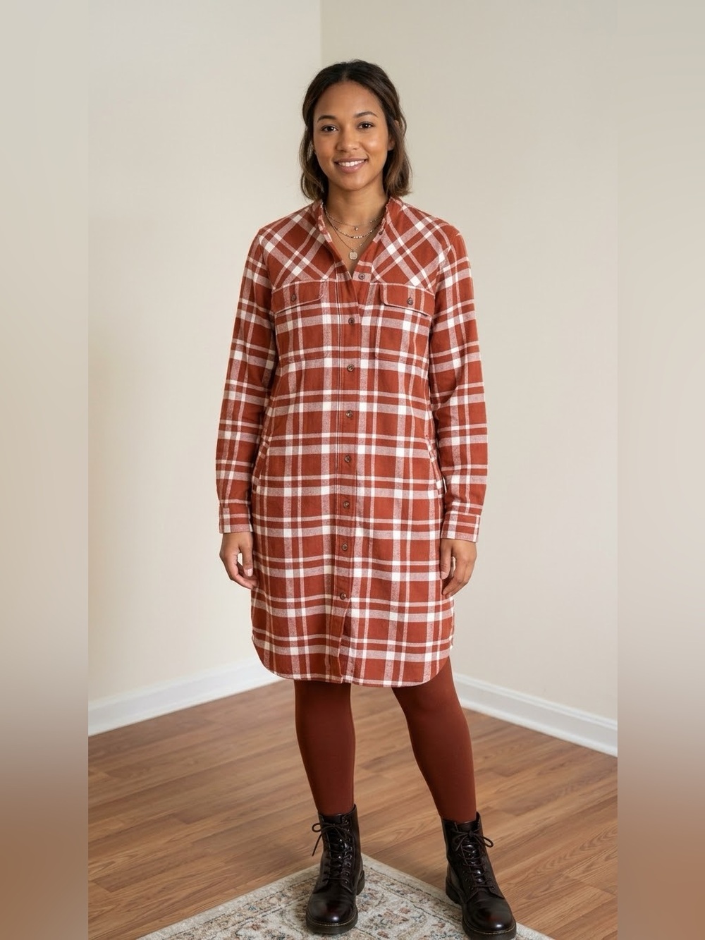 Duluth Trading Folklore Flannel Duster Dress Orange Plaid Long Sleeve Size Large